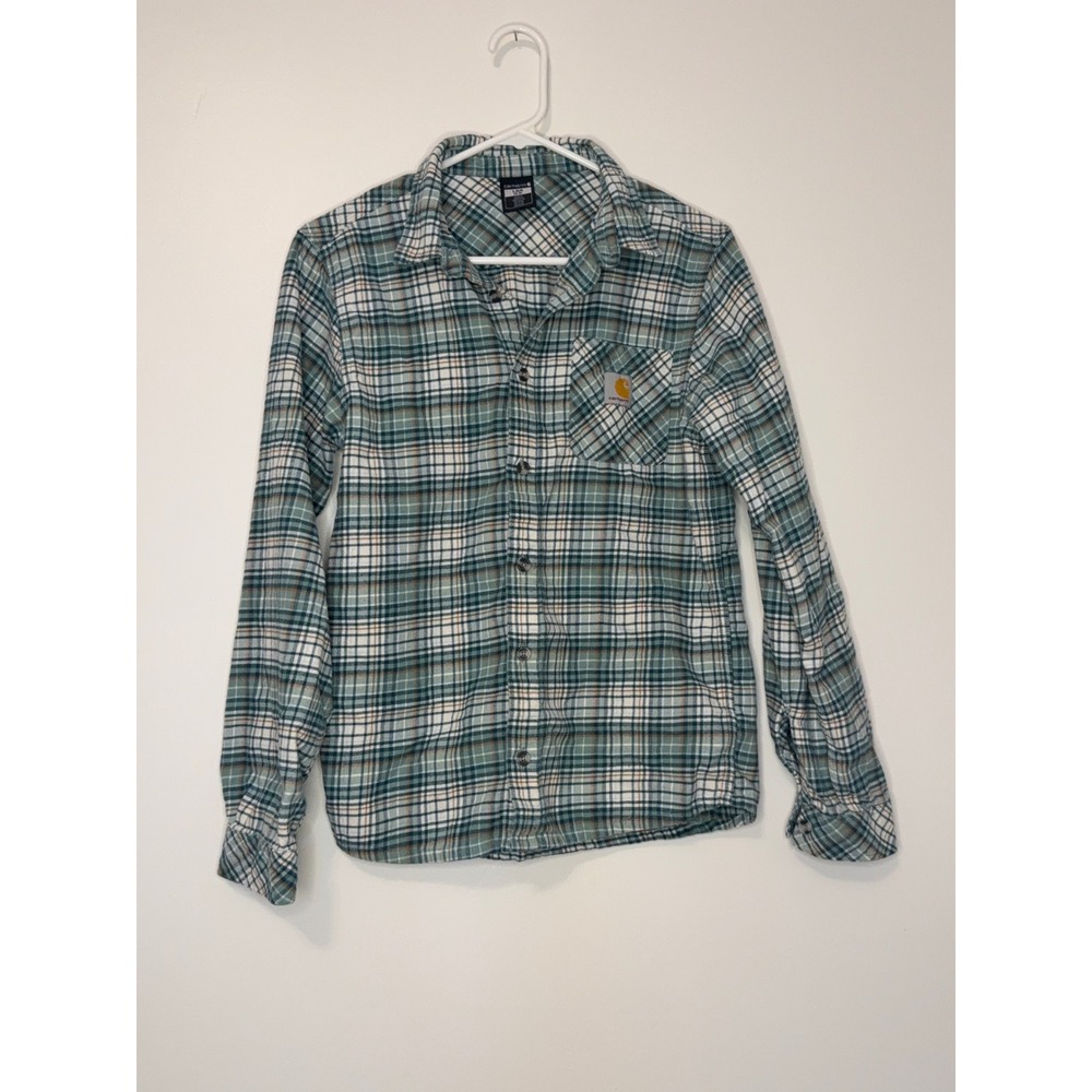 Carhartt Boys Green Plaid Flannel Button Down Shirt Size L 14-16